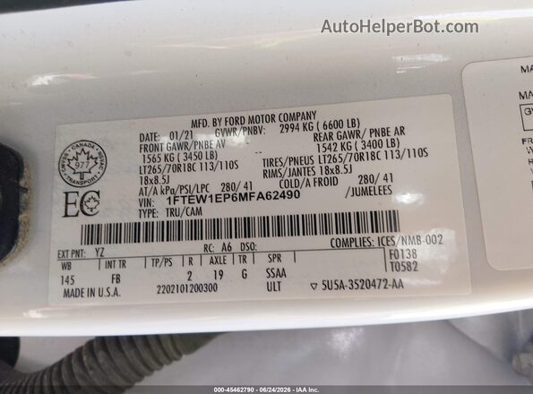 1FTEW1EP6MFA62490 2021 FORD F150 White Вид підкапотного простору