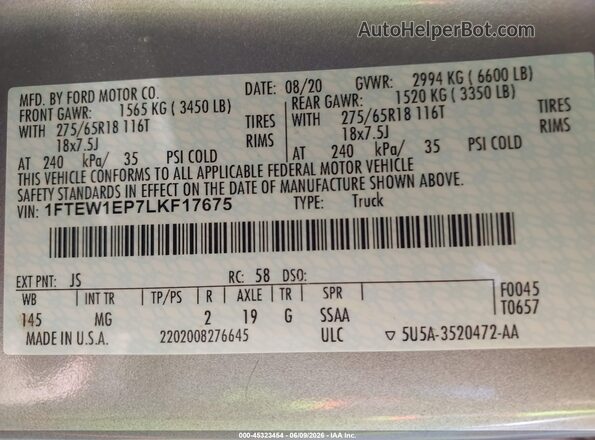 1FTEW1EP7LKF17675 2020 FORD F150 Silver Engine compartment view