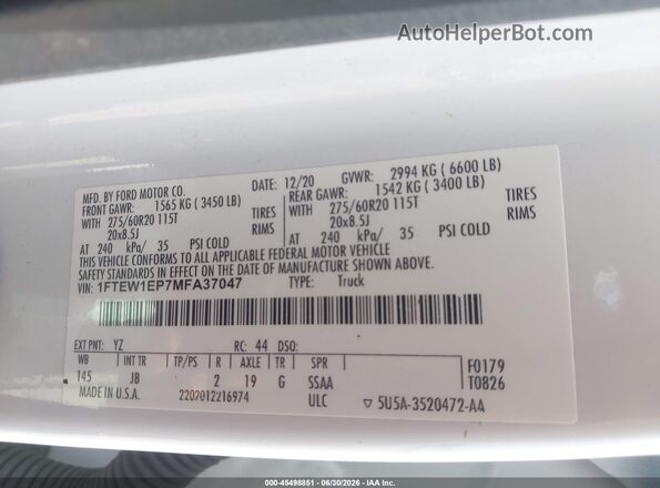 1FTEW1EP7MFA37047 2021 FORD F150 White Շարժիչի բաժամունքի տեսք