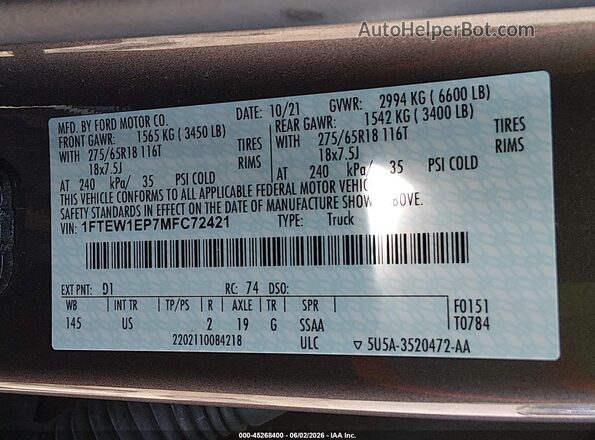 1FTEW1EP7MFC72421 2021 FORD F150 Серый Вид подкапотного пространства