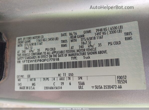 1FTEW1EP8GFC77518 2016 FORD F150 Silver Вид підкапотного простору