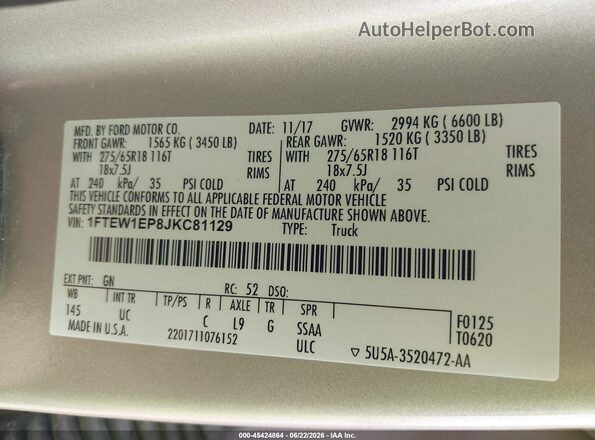 1FTEW1EP8JKC81129 2018 FORD F150 Серебряный Вид подкапотного пространства