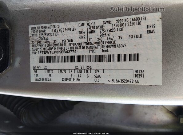 1FTEW1EP8KFB42774 2019 FORD F150 Silver Vista del compartimento del motor
