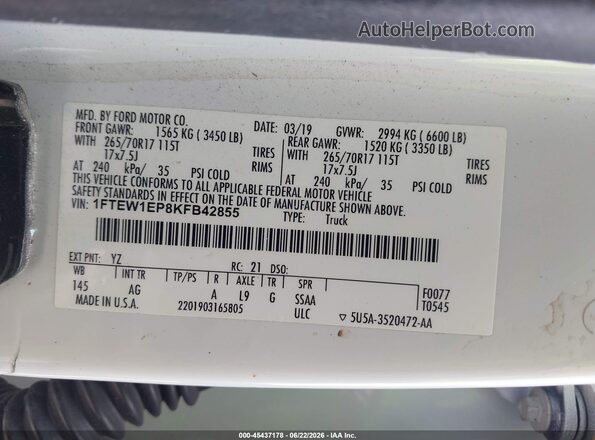 1FTEW1EP8KFB42855 2019 FORD F150 White Вид підкапотного простору