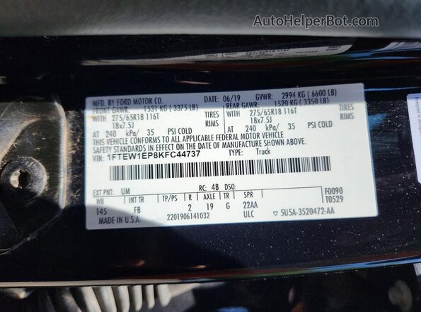 1FTEW1EP8KFC44737 2019 FORD F150 Black 