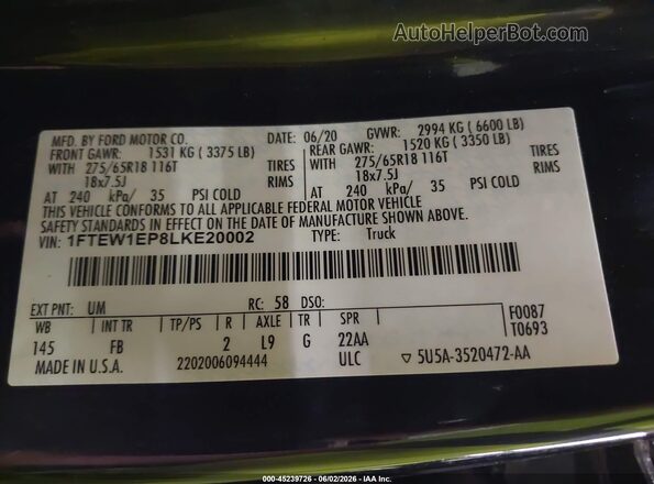 1FTEW1EP8LKE20002 2020 FORD F150 Black Vista del compartimento del motor