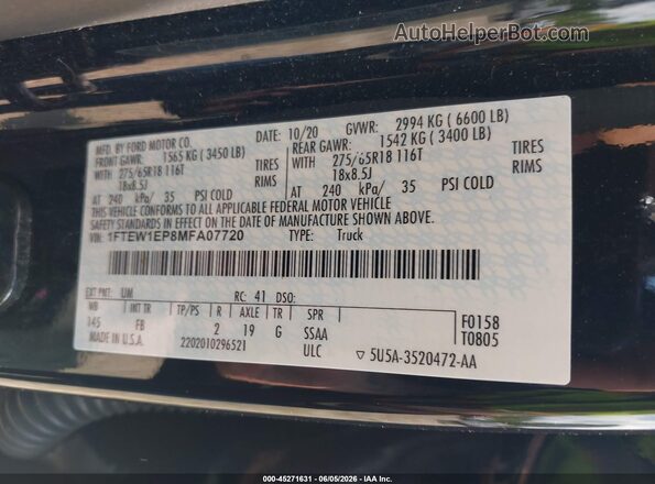 1FTEW1EP8MFA07720 2021 FORD F150 Black Vista del compartimento del motor