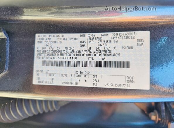 1FTEW1EP9GFB31158 2016 FORD F150 Gray 