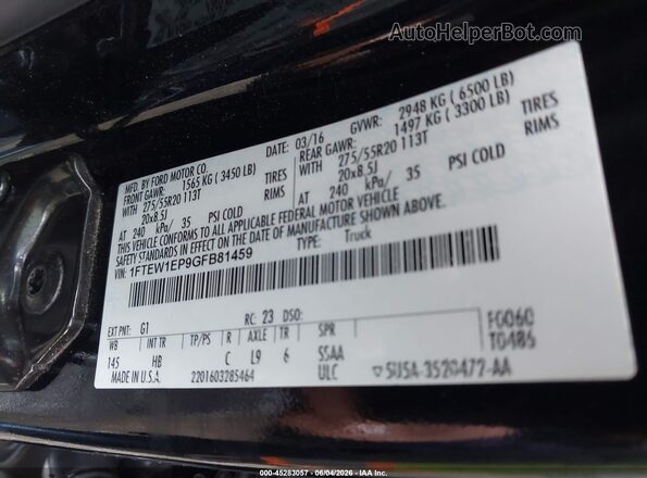 1FTEW1EP9GFB81459 2016 FORD F150 Black Engine compartment view
