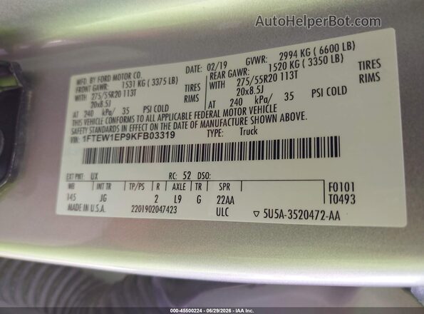 1FTEW1EP9KFB03319 2019 FORD F150 Silver Engine compartment view