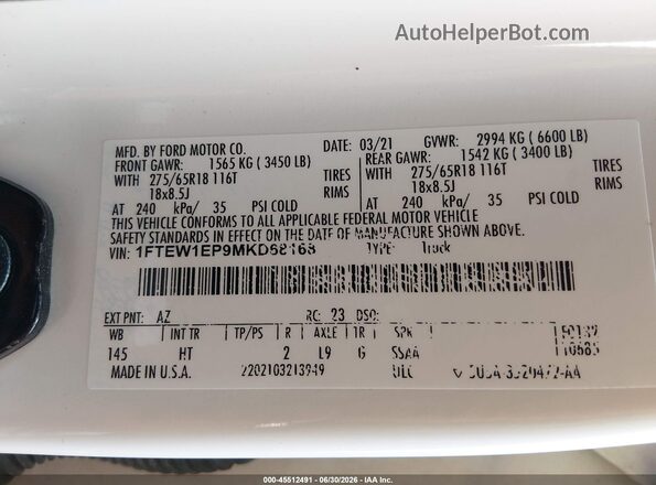 1FTEW1EP9MKD68168 2021 FORD F150 Белый Вид подкапотного пространства