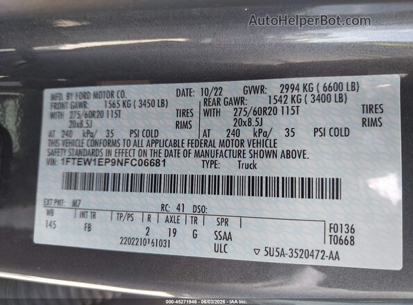 1FTEW1EP9NFC06681 2022 FORD F150 Gray Engine compartment view