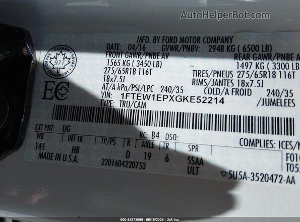 1FTEW1EPXGKE52214 2016 FORD F150 White Widok komory silnika