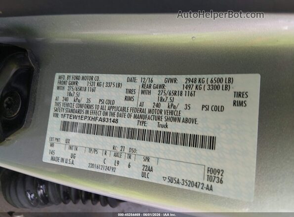 1FTEW1EPXHFA93148 2017 FORD F150 Silver ძრავის განყოფილების ხედი