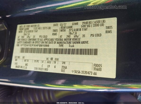 1FTEW1EPXHFB81066 2017 FORD F150 Blue Engine compartment view
