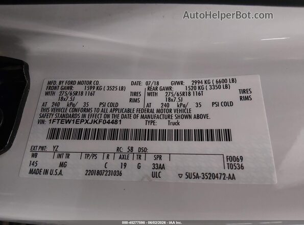 1FTEW1EPXJKF04481 2018 FORD F150 White Widok komory silnika