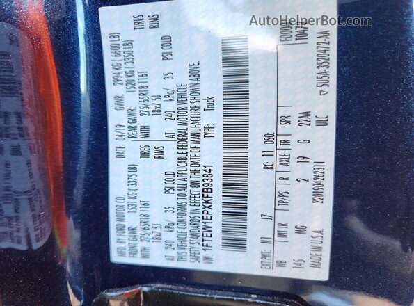 1FTEW1EPXKFB93841 2019 FORD F150 Blue VIN կոդի պիտակի տեսք