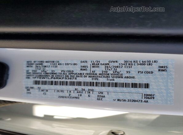 1FTEW1LP6RKF53675 2024 FORD F150 White VIN sticker view