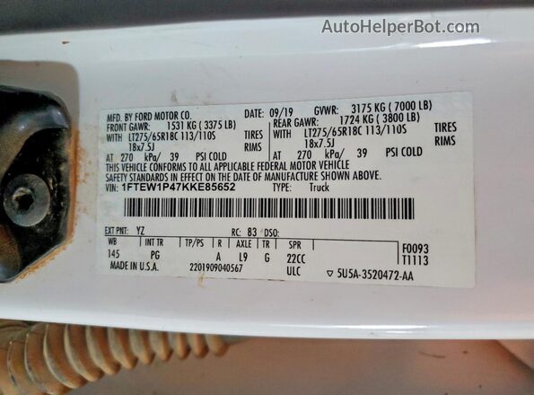 1FTEW1P47KKE85652 2019 FORD F150 White Вид підкапотного простору