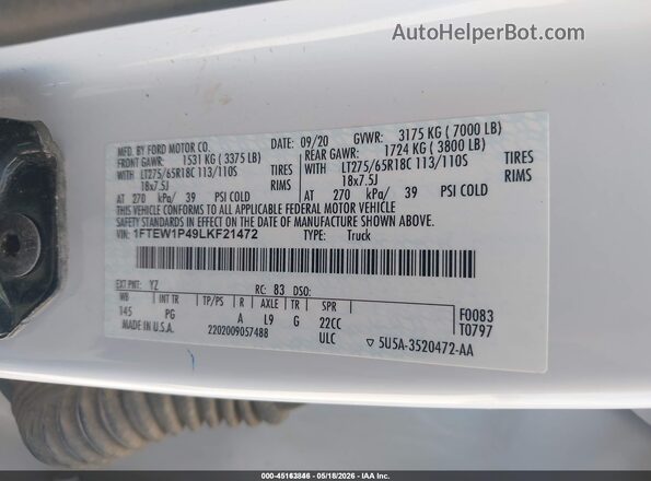 1FTEW1P49LKF21472 2020 FORD F-150 POLICE RESPONDER White 