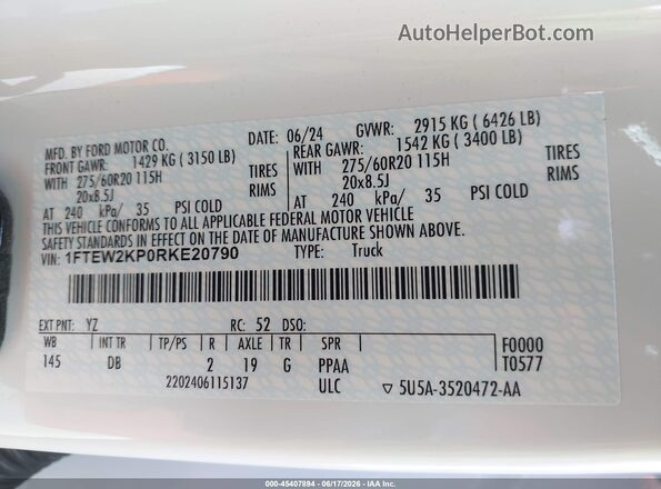 1FTEW2KP0RKE20790 2024 FORD F150 White Вид підкапотного простору