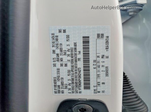 1FTEW2KP1SKD14273 2025 FORD F150 White VIN կոդի պիտակի տեսք