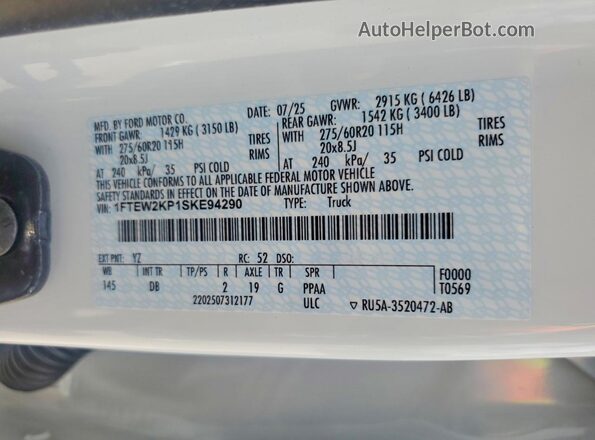 1FTEW2KP1SKE94290 2025 FORD F150 White Շարժիչի բաժամունքի տեսք