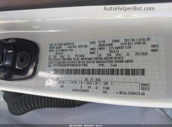 1FTEW2KP3SKD31785 2025 FORD F150 White Widok komory silnika