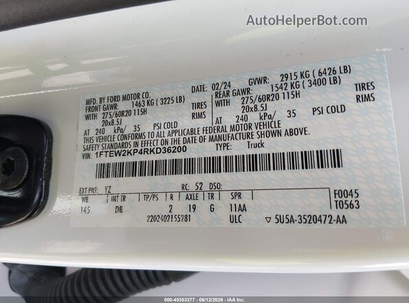 1FTEW2KP4RKD36200 2024 FORD F150 White Շարժիչի բաժամունքի տեսք