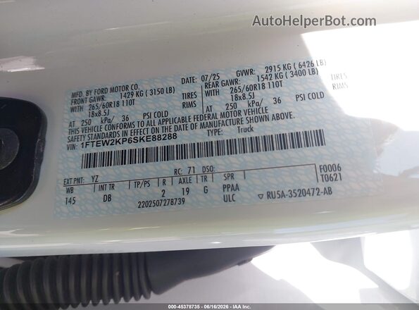 1FTEW2KP6SKE88288 2025 FORD F150 White Widok komory silnika