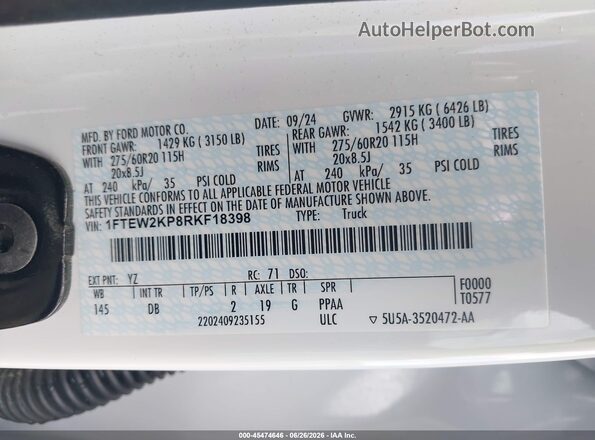 1FTEW2KP8RKF18398 2024 FORD F150 White Շարժիչի բաժամունքի տեսք
