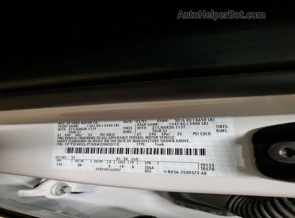 1FTEW2LP3SKD90012 2025 FORD F150 White Вид наклейки з VIN-кодом