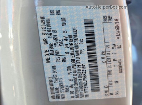 1FTEW2LP5SKE31501 2025 FORD F150 White VIN sticker view