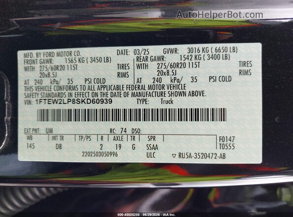 1FTEW2LP8SKD60939 2025 FORD F150 Black Engine compartment view