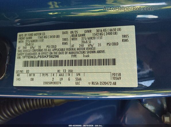 1FTEW2LP8SKF56296 2025 FORD F150 Blue Widok komory silnika