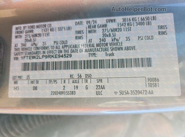 1FTEW2LP9RKE94529 2024 FORD F150 Silver ძრავის განყოფილების ხედი