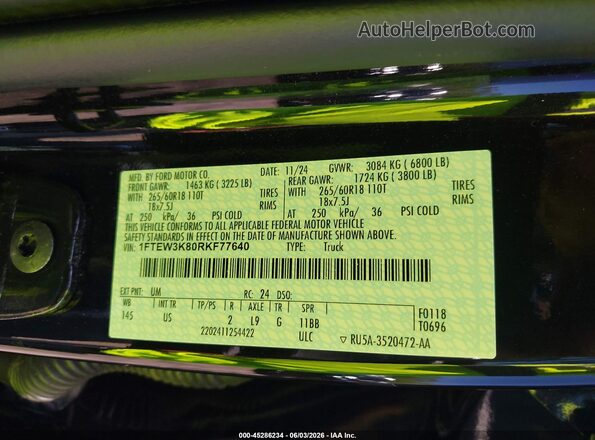 1FTEW3K80RKF77640 2024 FORD F150 Black Շարժիչի բաժամունքի տեսք