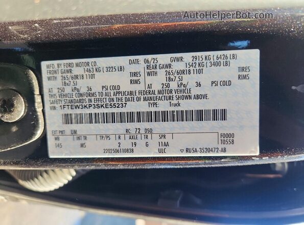 1FTEW3KP3SKE55237 2025 FORD F150 Black VIN კოდის სტიკერის ხედი