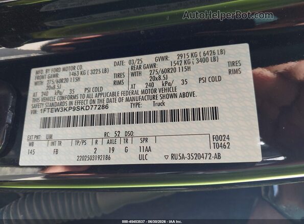 1FTEW3KP9SKD77286 2025 FORD F150 Black ძრავის განყოფილების ხედი