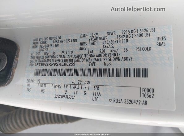 1FTEW3KP9SKE08259 2025 FORD F150 White Vista del compartimento del motor