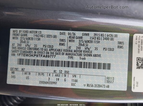 1FTEW3KP9TFA89777 2026 FORD F150 Gray ძრავის განყოფილების ხედი