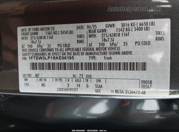 1FTEW3LP1SKE06195 2025 FORD F150 Gray Widok komory silnika