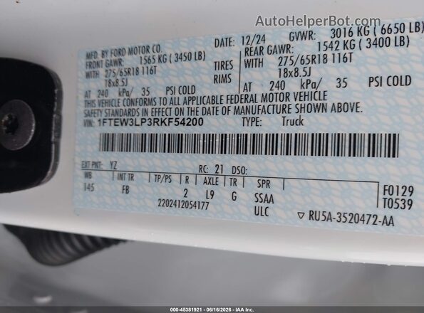 1FTEW3LP3RKF54200 2024 FORD F150 White Vista del compartimento del motor