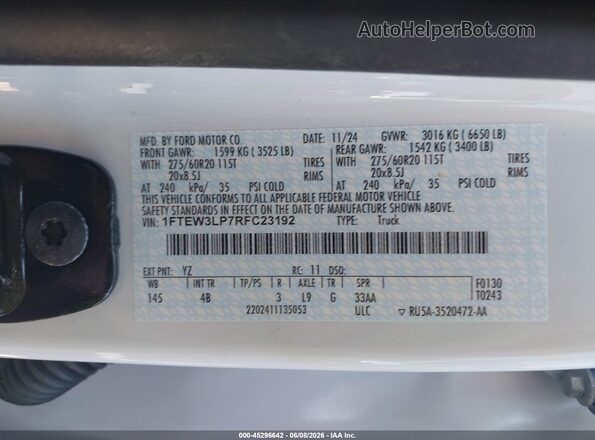 1FTEW3LP7RFC23192 2024 FORD F150 Белый Вид подкапотного пространства