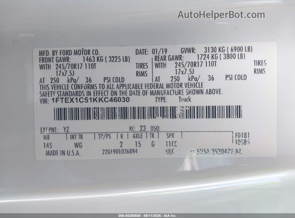 1FTEX1C51KKC46030 2019 FORD F150 White Շարժիչի բաժամունքի տեսք