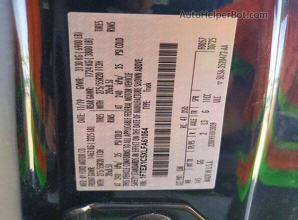 1FTEX1C5XLFA61064 2020 FORD F150 Black VIN კოდის სტიკერის ხედი