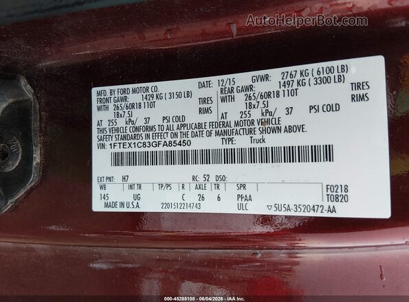 1FTEX1C83GFA85450 2016 FORD F150 Бордовый Вид подкапотного пространства