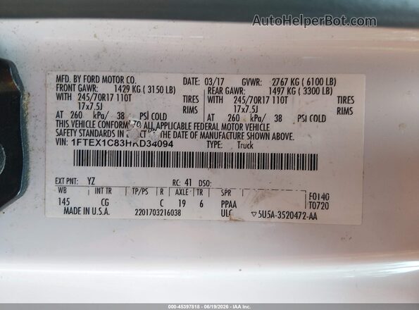 1FTEX1C83HKD34094 2017 FORD F150 White Widok komory silnika