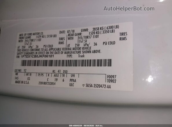 1FTEX1CB0JKF06101 2018 FORD F150 White Widok komory silnika