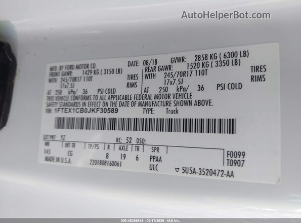 1FTEX1CB0JKF30589 2018 FORD F150 Белый Вид подкапотного пространства